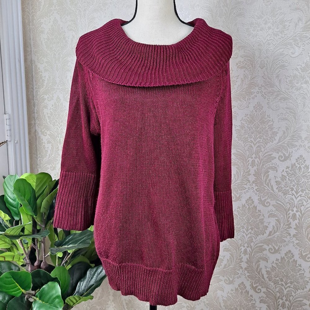 Chico's Size 3(US 16) Maroon Sweater 3/4 Sleeve Cowl Neck Slight Bell Sleeve EUC